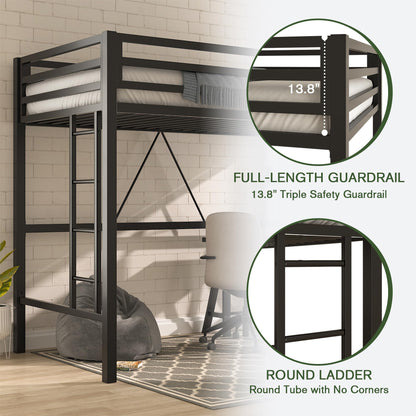 MUTICOR Twin Size Metal Loft Bed Frame with Safety Guardrail and Removable Ladder in Matte Black - WoodArtSupply