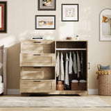 GarveeHome Multifunctional Wooden Dresser for Bedroom, 43.3 in H 2 Door Wardrobe Armoire Closet with 4 Drawers and Hanging Rod, Low Storage Cabinet for Hanging Cloth, Natural Oak GarveeHome