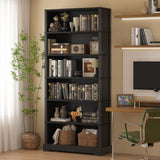 TVU 6-Tier Wooden Bookshelf, 77.2" Tall Farmhouse Style Open Bookcase, 31.5" W Standing Book Shelf with Storage, Suitable for Study, Living Room, Office, Blcak TVU