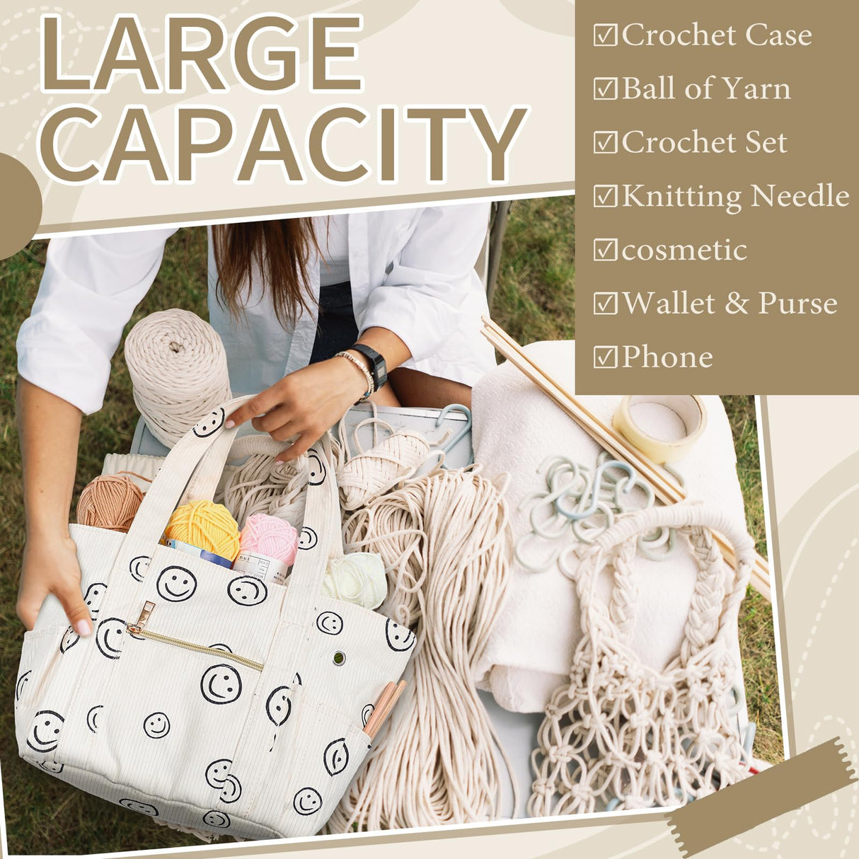 Bulyoou 2 Pcs Crochet Bag and Tote Set Corduroy Yarn Crochet Tote Bag for Hooks Organizer Smile Face Design Yarn Holder for Mother's Day Gift Lovers Knitting Accessories Bulyoou