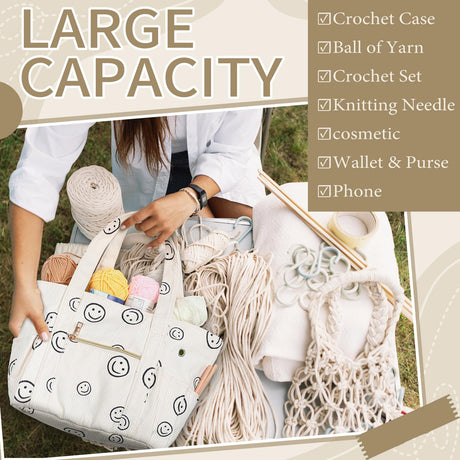 Bulyoou 2 Pcs Crochet Bag and Tote Set Corduroy Yarn Crochet Tote Bag for Hooks Organizer Smile Face Design Yarn Holder for Mother's Day Gift Lovers Knitting Accessories Bulyoou