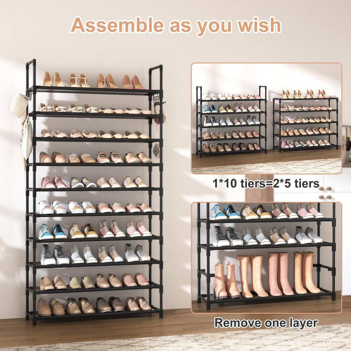 VTRIN 10 Tiers Shoe Rack Tall Large Capacity 50 Pairs Wide Shoe Organizer Sturdy Shoe Shelf for Entryway with Two Hooks Metal Shoe Storage for Closet, Bedroom, Black VTRIN