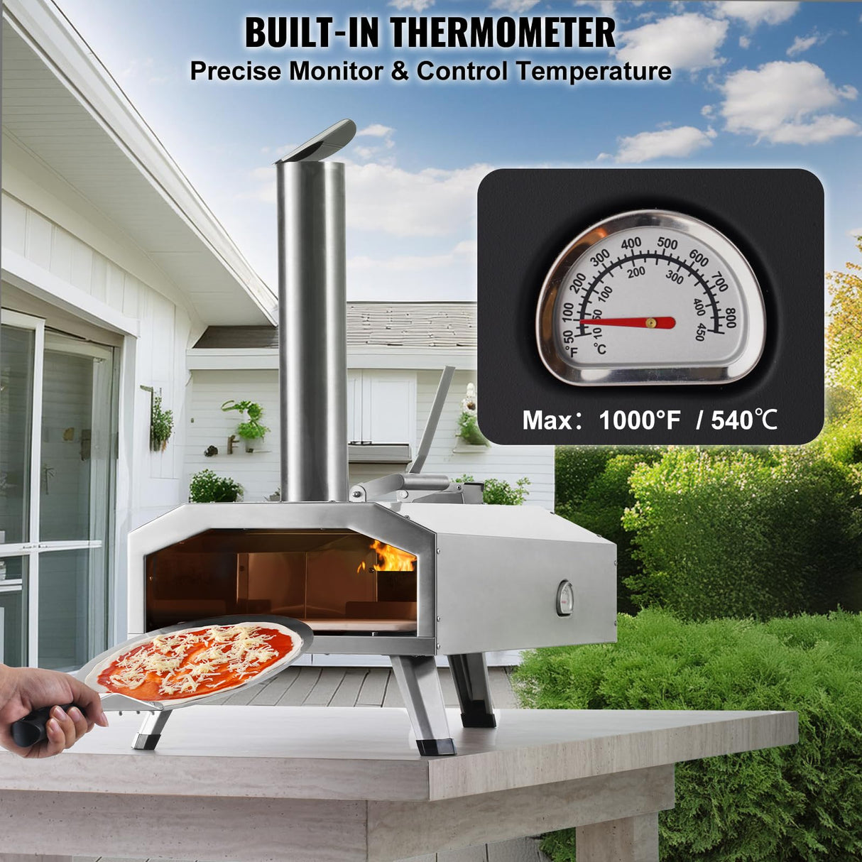 VEVOR Pizza Oven Outdoor, 12" Pellet Pizza Oven, Portable Pizza Stove with Built-in Thermometer, Wood Fired Stainless Steel Pizza Maker, for Backyard, Camping, Pizza Stone, Shovel, Carry Bag, Silver VEVOR