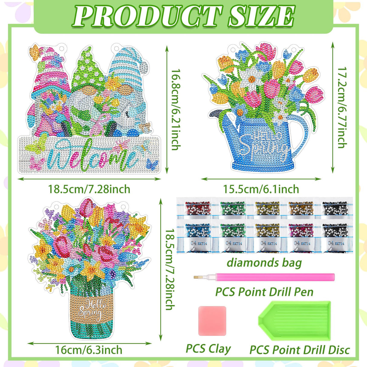 Threehoney 3 Pcs DIY Spring Diamond Painting Wreath Kit Tulip Flower Gnome Diamond Art Hanging Wreath Spring Crystal Painting Ornaments Hanging Sign for Adults Beginners Craft Supplies Threehoney
