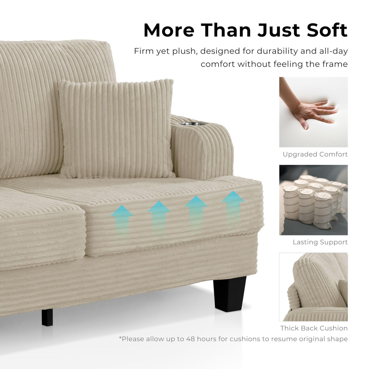 HOMES: Inside + Out Reese Modern Plush Chenille Couch with Side Pockets, Cup Holders and USB Ports, Wooden Comfortable Sofa for Living Room, Bedroom and Office, Black HOMES: INSIDE + OUT