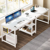 Tribesigns 78-Inch Rustic Double Desk with Bookshelf for Two-Person Workstation in White Tribesigns