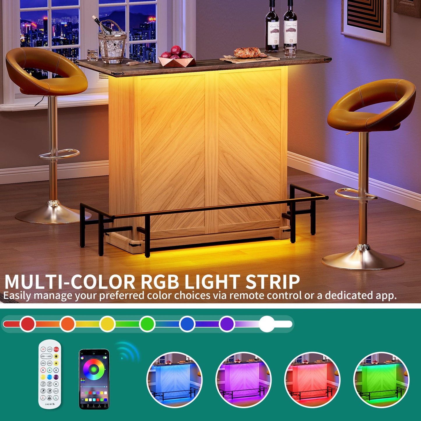 YITAHOME Home Bar Unit with LED Lights ＆ Drawer, Farmhouse Bar Cabinet with Glasses Holder and Wine Storage, Liquor Bar Table Mini Bar with Footrest for Living Room, Off White+Walnut Grain