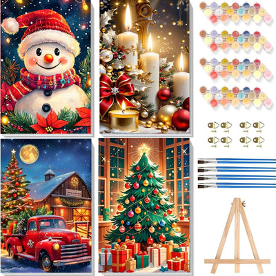 4 Pack Christams Paint by Numbers Kit for Adults with Frame and Wooden Easel, Christams Paint by Number Kit, Acrylic Painting Crafts for Home Decor Gift (7.8x11.8inch Snowman Candle Truck Tree)