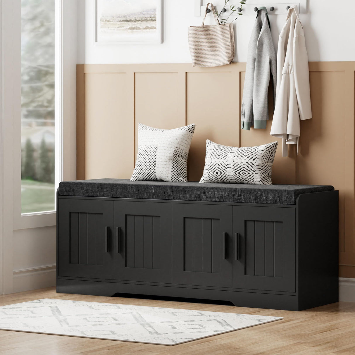 Homleke 2-Tier Storage Bench, Shoe Bench with Thickened Padded Seat Cushion, Entryway Bench with 4 Doors, Adjustable Shelf, 13.8" D x 45.3" W x 18.5" H, for Entryway, Living Room, Bedroom, Black Homleke