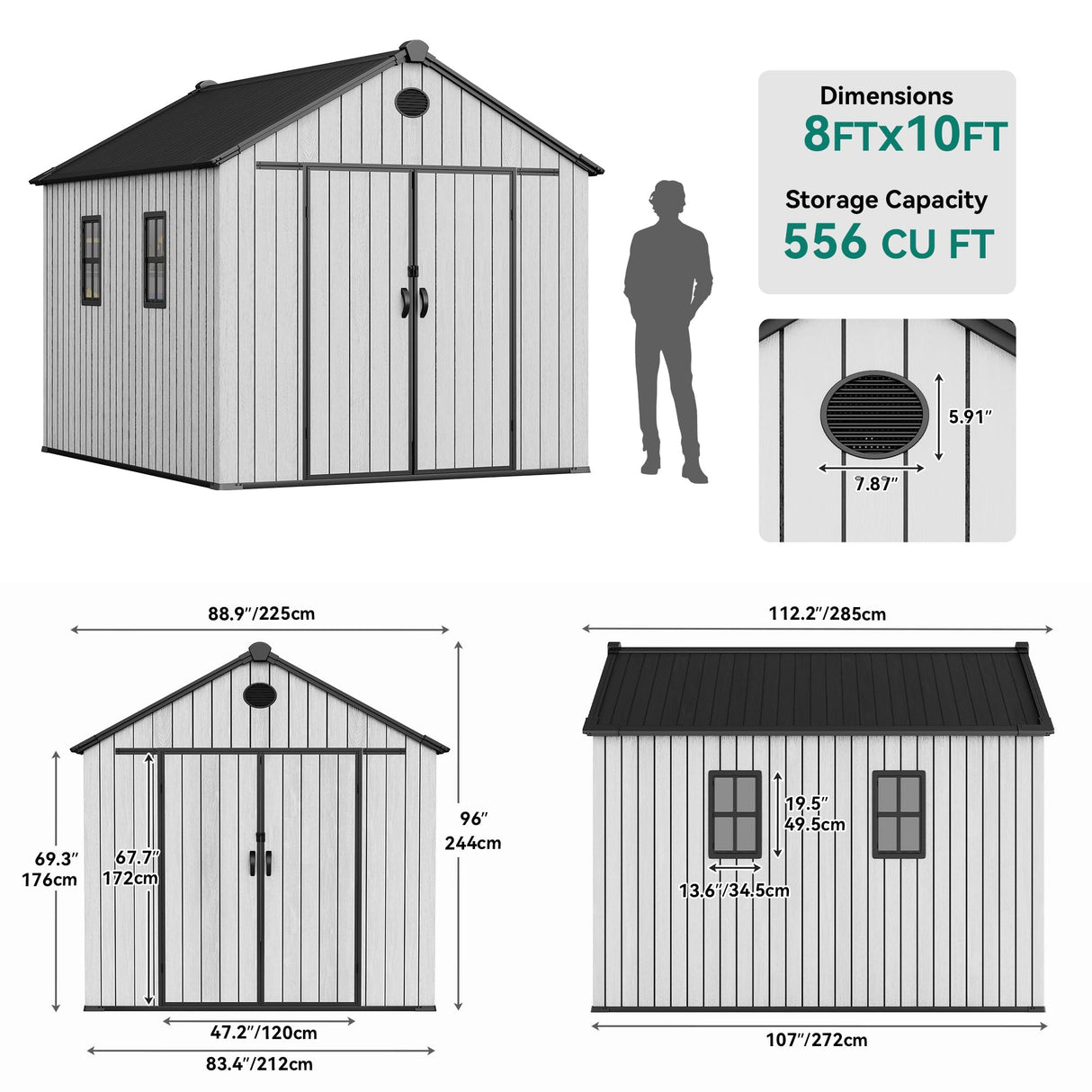YITAHOME 8x10 FT Outdoor Storage Shed with Floor, Plastic Garden Shed for Bikes, Tools, Supplies, Waterproof Resin Shed with Lockable Doors, 2 Windows & 2 Vents for Patio, Backyard, 556 cu. Ft., Gray YITAHOME