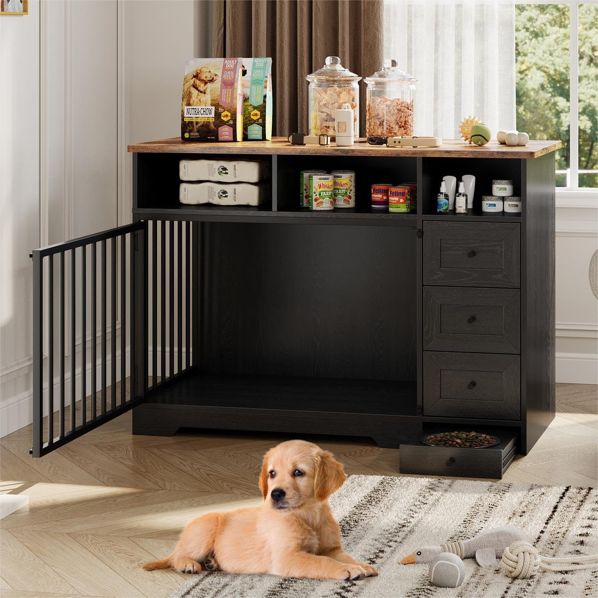 GarveeLife 48 Inch Large Dog Crate Furniture, Farmhouse Dog Kennel with Dog Bowl, 3 Drawers, 3 Open Drawers, Heavy Duty Dog Crate Table for Medium Small Dogs for Living Room, Entryway, Black GarveeLife