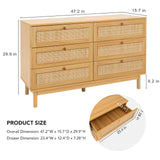 EazeHome 6 Drawer Rattan Dresser for Bedroom, 48” Wide Chest of Drawers, Natural Wooden Handmade Woven Dresser, Boho Storage Organizer for Closet, Living Room and Entryway EazeHome