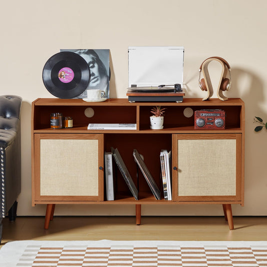 Large Record Player Stand, Mid Century Turntable Stand with Storage, Record Player Table with Slide Door, Vinyl Record Storage with Vinyl Display Shelf Holds Up to 400 Albums for Living Room  - WoodArtSupply