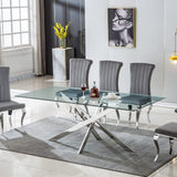79" Large Dining Table, Glass Kitchen Table for 8-10 Person, Modern Dining Room Table with 0.39" Thick Tempered Glass Top and Silver Stainless Steel Pedestal Base, Big Dining Room Table for Home Pvillez
