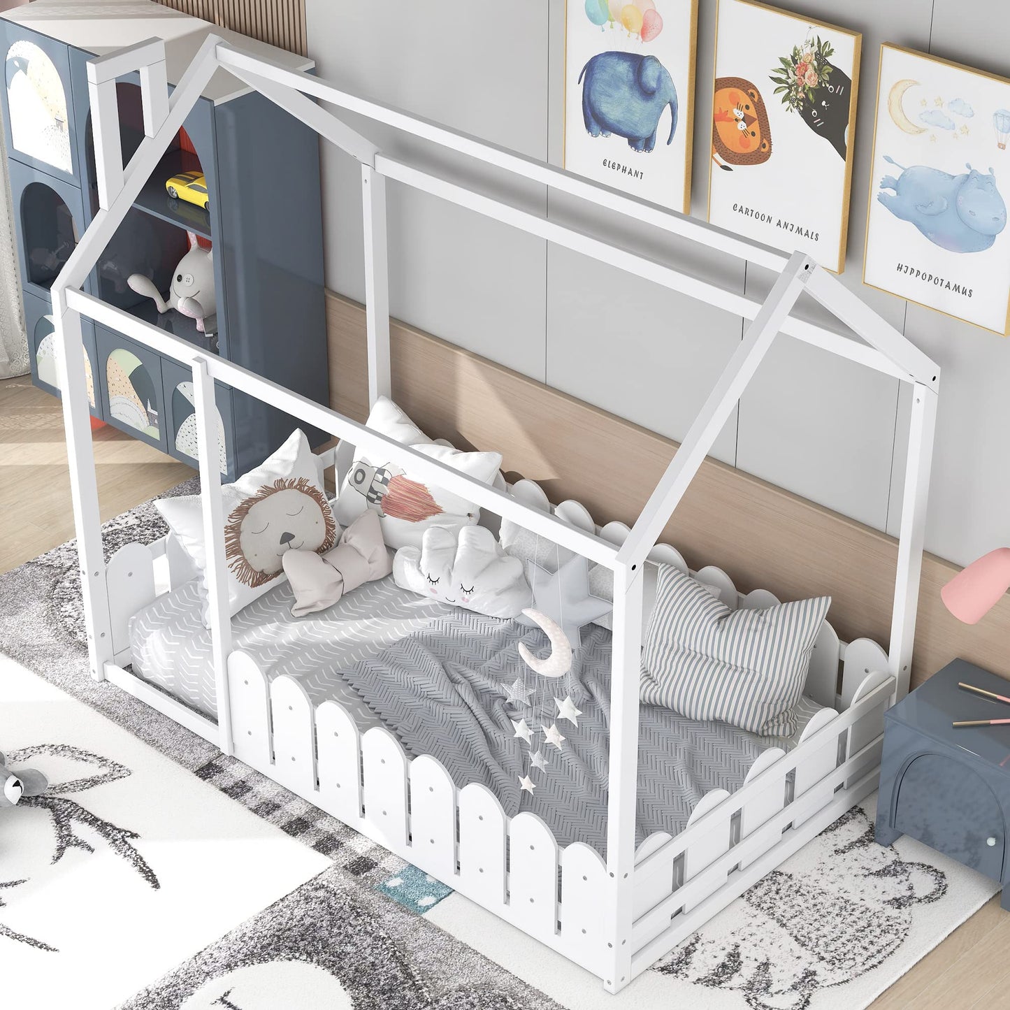 Bellemave Twin Floor Bed with Fence - Stylish Wooden House Bed Frame for Kids and Teens in White