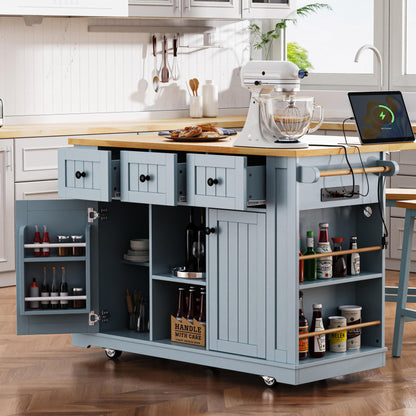 Amposei Kitchen Storage Island on Wheels with Drop Leaf & Power Outlet, Rolling Kitchen Island Cart with Open Side Racks, Door Shelves and Towel Bar, 53-Inch, Gray Blue