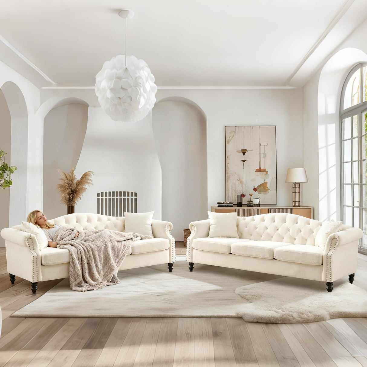 ATUMON 79" 2 Piece 3-Seater Velvet Chesterfield Sofa Couch for Living Room, Combination Sofa with 4 Pillows,Button Tufted Trimming Curved Backrest Rolled Arms with Black Legs, Beige ATUMON