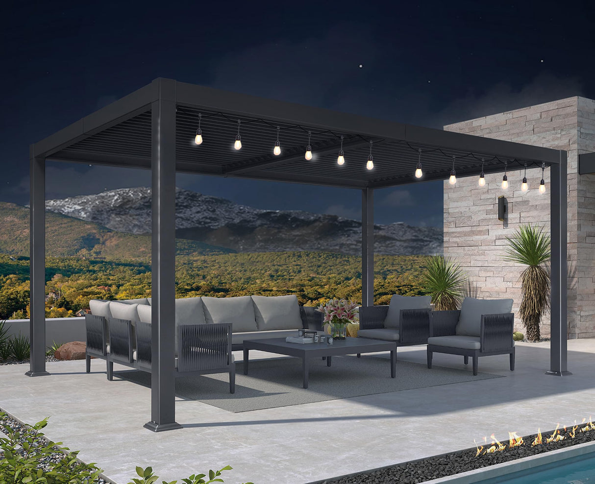 PURPLE LEAF Louvered Pergola with String Lights 9' x 14' Patio Aluminum Pergola with Independent Adjustable Rainproof Roof Hardtop Pergola for Outdoor Deck Garden Yard PURPLE LEAF