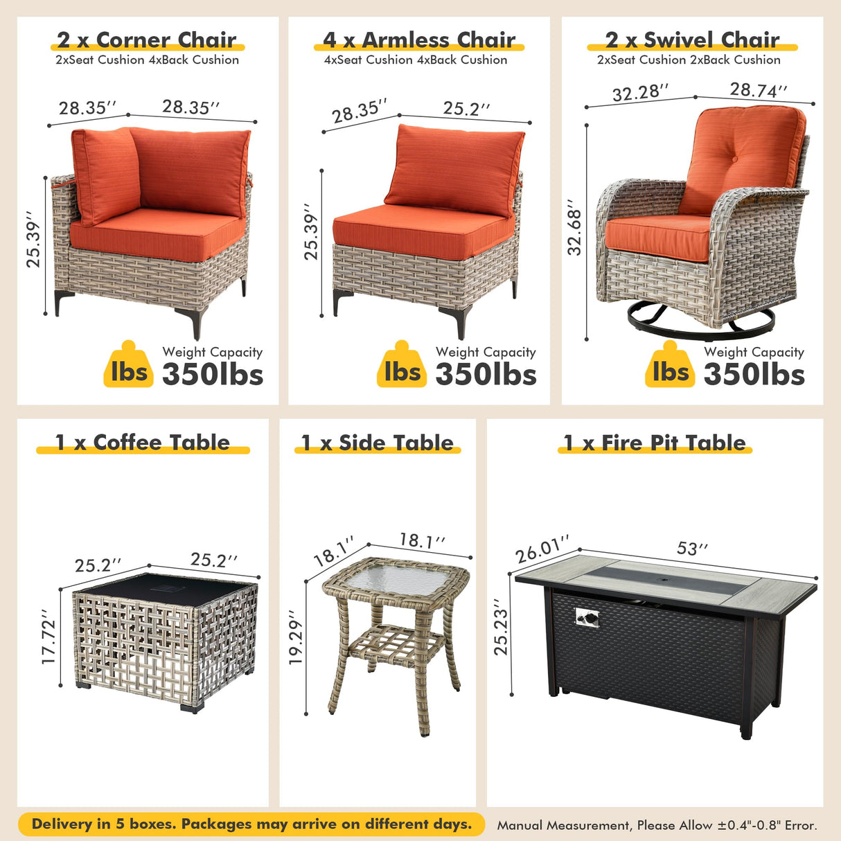 Outdoor Sectional Patio Furniture Set with Fire Pit Table and Swivel Rocking Chairs,11 Pieces Wicker Conversation Sets L Shaped Couch Out Door Sofa Outside Furniture for Garden Deck,Orange Red POUUIN