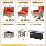 Outdoor Sectional Patio Furniture Set with Fire Pit Table and Swivel Rocking Chairs,11 Pieces Wicker Conversation Sets L Shaped Couch Out Door Sofa Outside Furniture for Garden Deck,Orange Red POUUIN