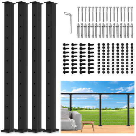 Gyykzz 36" Cable Railing Post, 4 Pack Flat Top Level Drilled Line Post with Cable Grommet, Stainless Steel Black Powder Coated Finish Handrail Post, Heavy-Duty Wire Railing Post for Wood/Concrete Deck Gyykzz