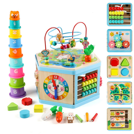 Vomocent Wooden Activity Cube for 1 Year Old Kids, Educational Learning Bead Maze for Toddler Age 1-3, Developmental Montessori Toys for 12-36 Months Boys Girls Gift Vomocent