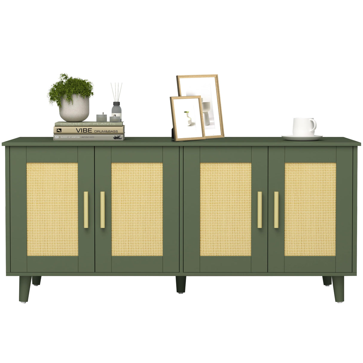 Homhedy Boho Cat Litter Box Enclosure for 2 Cats, Wooden Cat Washroom Furniture with Double Rattan Decorated Doors, Pet House,47.2”L x 19.7”W x 21.7”H, Green Homhedy