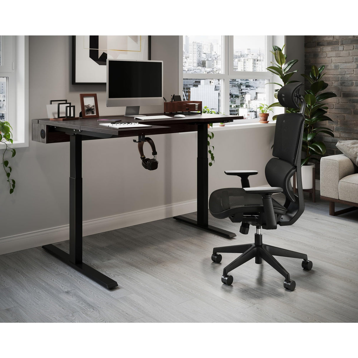 Realspace® Koru Electric 59" W L-Shaped Height-Adjustable Standing Desk with Integrated Power & Charging, Espresso Oak Realspace