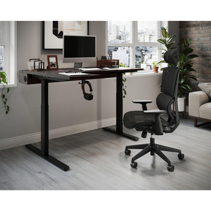 Realspace® Koru Electric 59" W L-Shaped Height-Adjustable Standing Desk with Integrated Power & Charging, Espresso Oak - WoodArtSupply