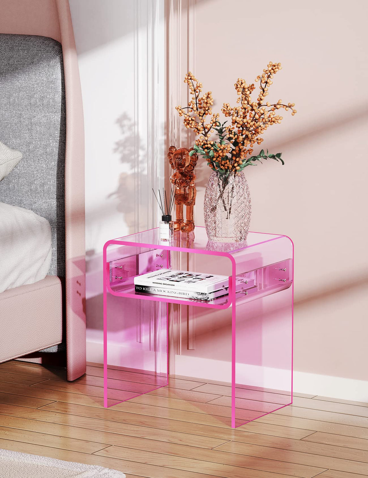 solaround Clear Acrylic End Table 2-Tier Bedside nightstand for Living Room Bedroom Home Decor (Pink) solaround