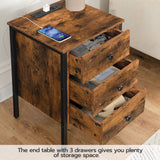 HOOBRO Nightstand with Charging Station, Side Table with 3 Drawers and Storage Shelf, End Table with USB Ports, Retro Industrial Style Bedside Table, for Living Room, Bedroom, Rustic Brown BF461BZ01G2 HOOBRO