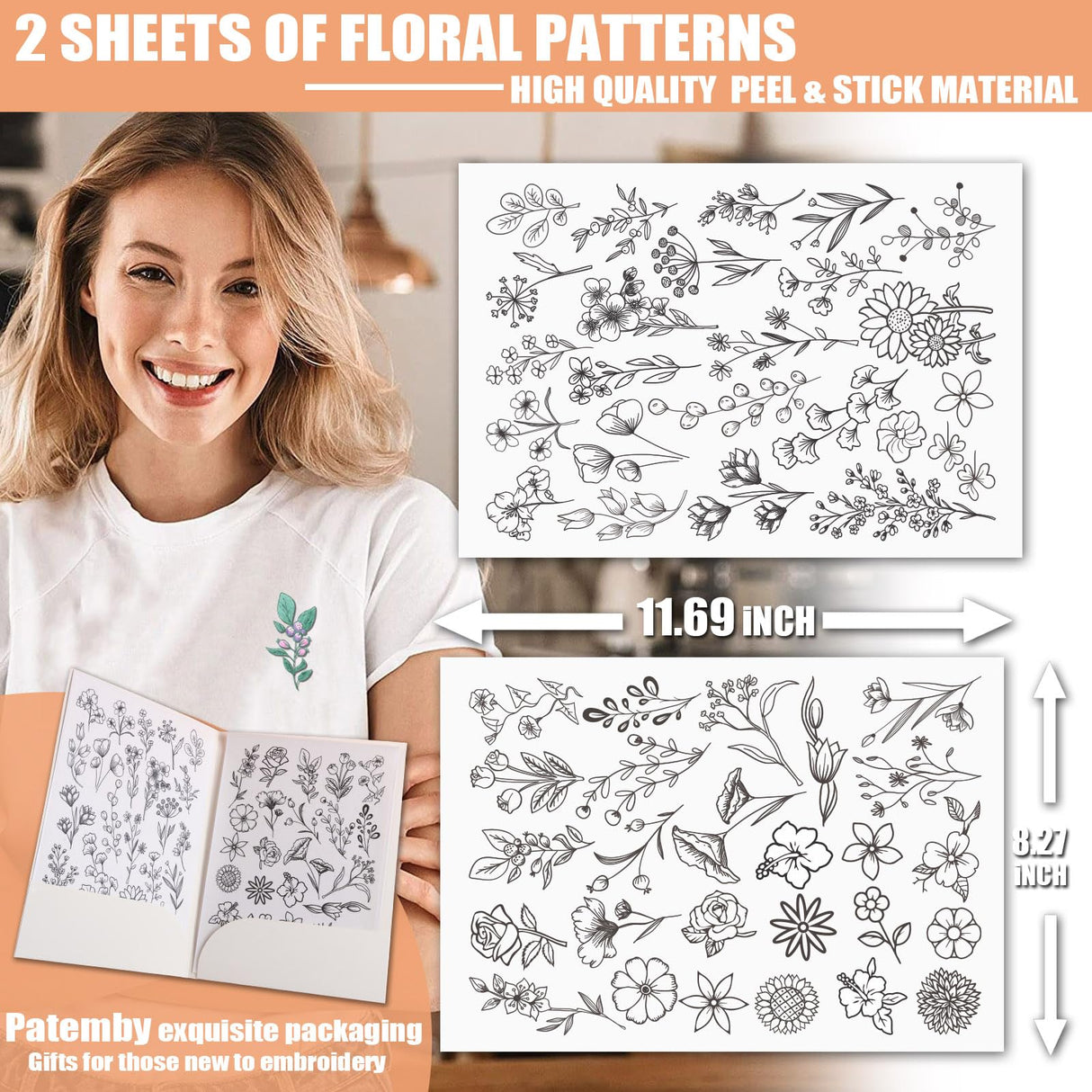 Patemby 50Pcs Water Soluble Embroidery Stabilizers, Stick and Stitch Embroidery Paper with Pre-Printed Flowers and Leaves Pattern Transfers for Hand Sewing Lover Beginners (Flower) Patemby