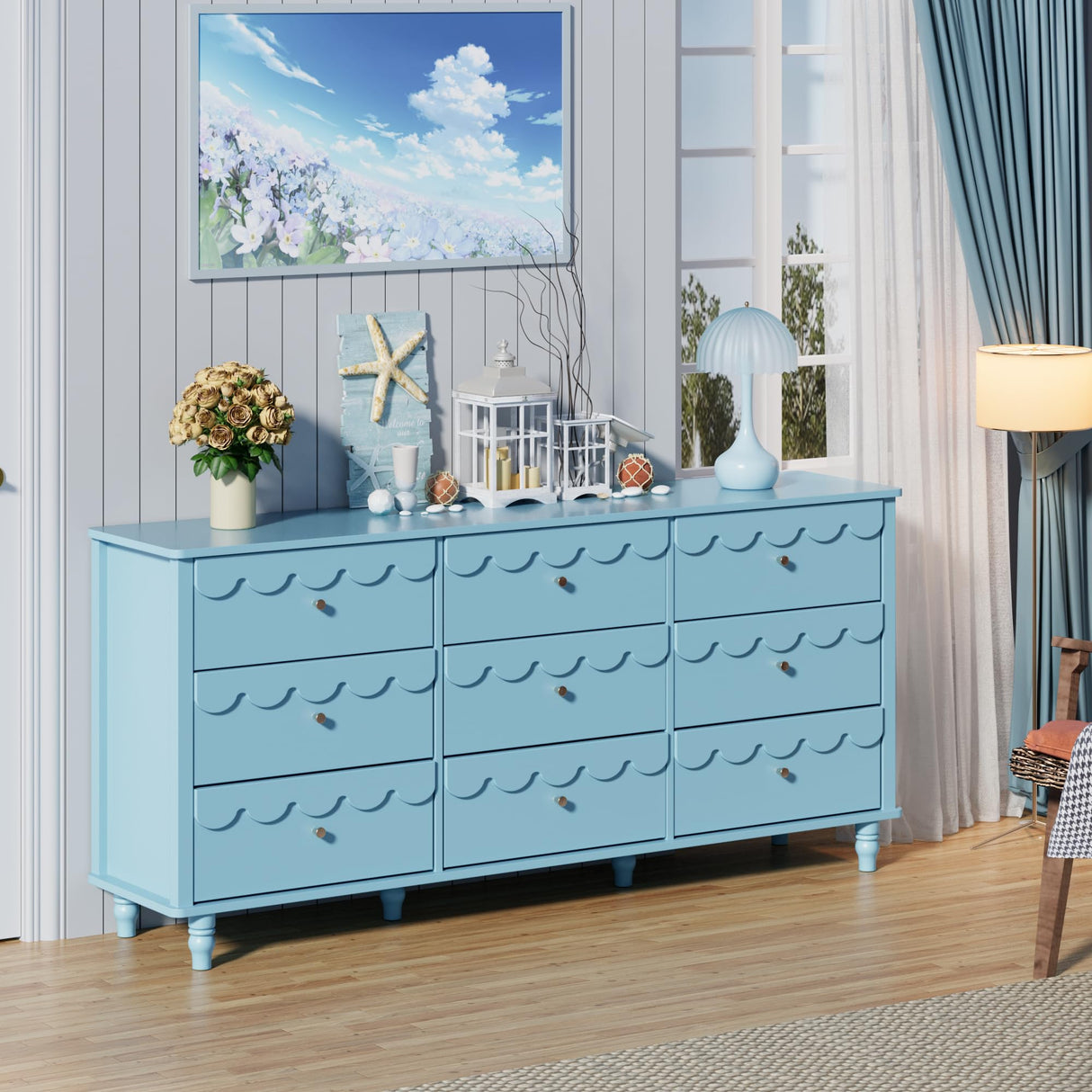 Anbuy Bedroom Set 3 PCS Scalloped 9 Drawer Dresser and Night Stand Sets for Bedroom, Two Drawers Nightstand Set of 2 & Scalloped 9 Drawer Dresser Combo 3 Pieces (Blue)