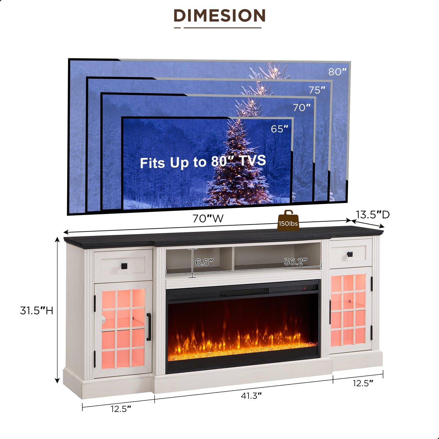 JXQTLINGMU Fireplace TV Stand for 80 Inch TV, Farmhouse Highboy Entertainment Center w/LED Lights & 36" Electric Fireplace, Large Media Console w/Glass Door Cabinet & Storage Drawer, White