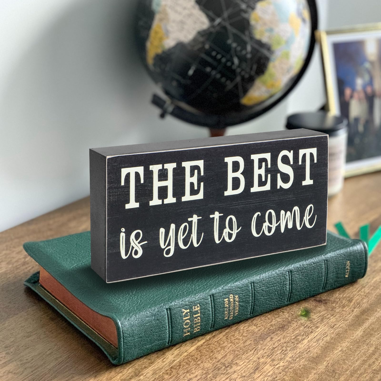 Esur Home Office Desk Decor for Women - Inspirational Farmhouse Cubicle Shelf Accessories Wooden Box Sign - The Best Is Yet To Come - WoodArtSupply