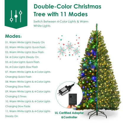 Giantex 9Ft Pre-lit Artificial Christmas Tree, Pencil Hinged Christmas Tree w/ 1000 Dual-Colored LED Lights, 2944 PVC Branches, 11 Light Modes, X-Shaped Metal Stand, Pine Xmas Tree for Home, Party