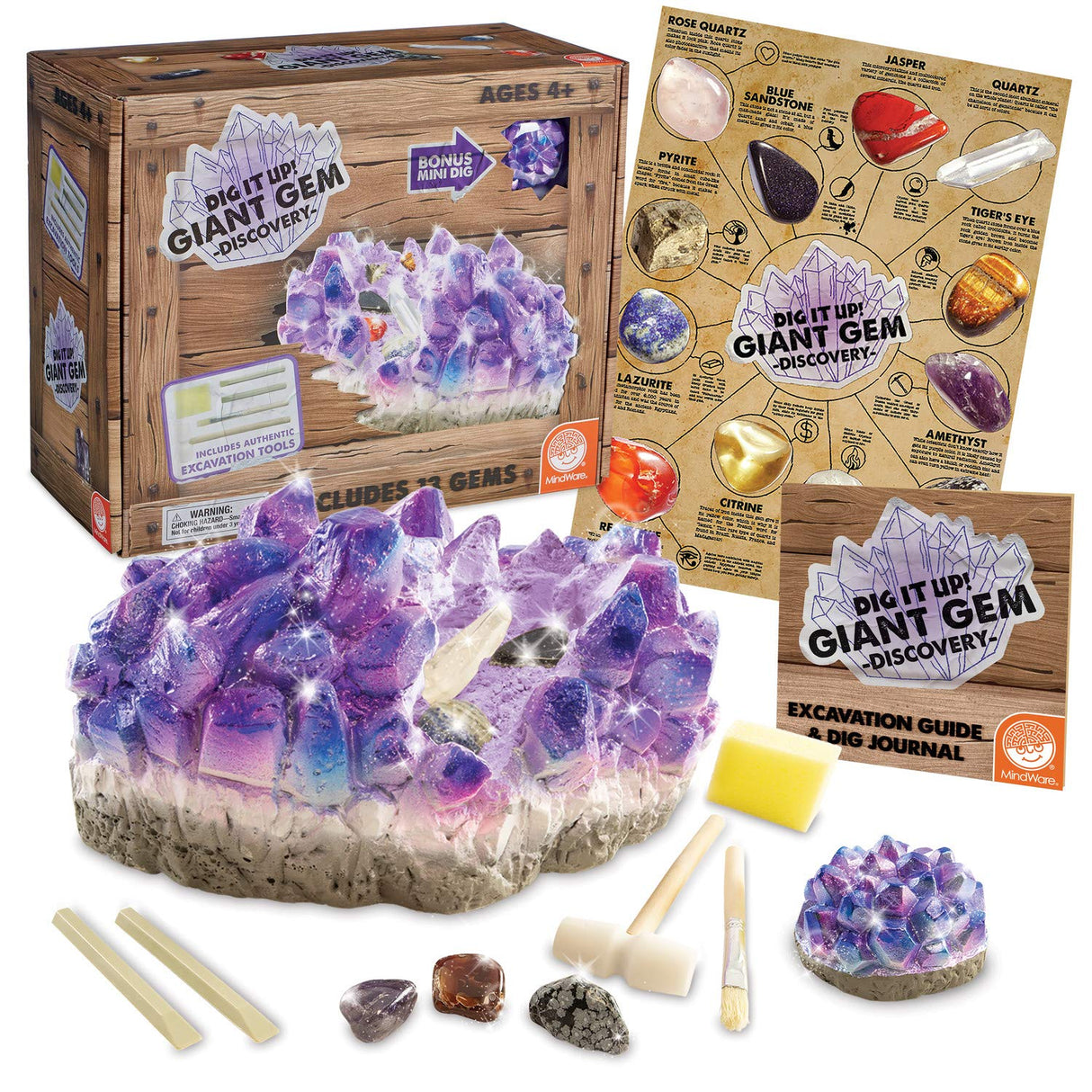 MindWare Dig It Up Giant Gem Discovery Kit - Gemstone Dig Kit Offers Geology for Kids with 12 Real Polished Hidden Gemstones - Includes 1 Giant Gem, Chiseling Tools, Gemstone Poster - Ages 4+ MindWare