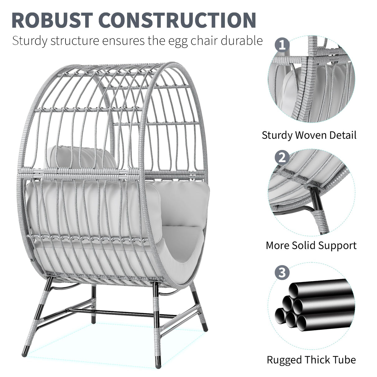 Fancyango Egg Chair Outdoor Indoor, Oversized Rattan Chair with Thicken Cushion, 510LBS Capacity Wicker Patio Lounge Chair, Basket Chair for Living Room Balcony Porch Backyard, Grey/Light Grey Fancyango