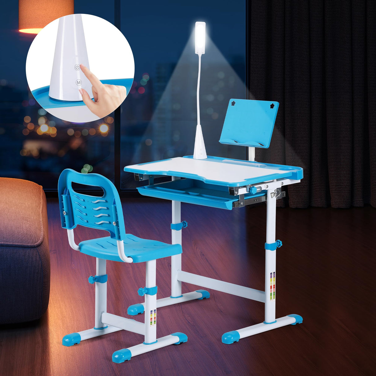 UNICOO® Kids Study Table and Chair Set, Height Adjustable Kids Art Desk, Ergonomic Study Desk for Kids, w/LED Lamp, Tilt Desktop, Pull Out Drawer - Kids Table and Chairs, Toddler Table and Chair Set UNICOO