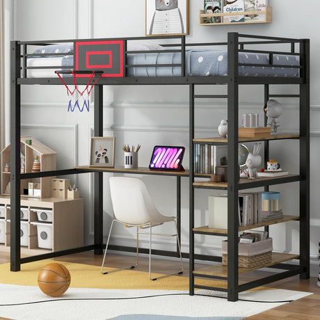 Twin Size Loft Bed with Desk and Storage Shelves,Metal Loft Bed with Basketball Hoop,Heavy Duty Loft Bed Frame for Kids,Teens,Adults,High Loft Bed Frame Twin Size, Space Saving, Black Bellemave