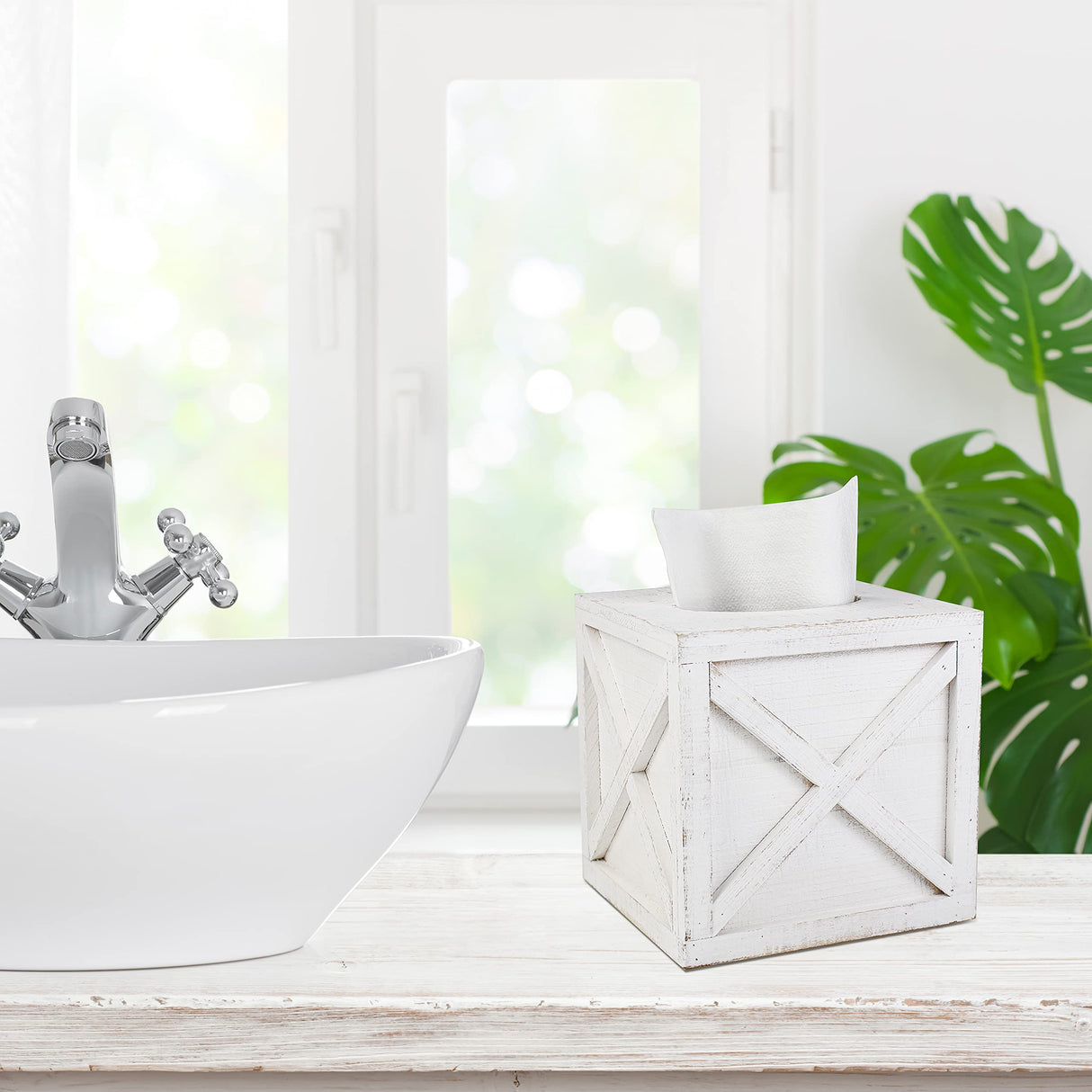 Karisky Farmhouse Square Tissue Box Cover with Slide-Out Bottom Panel, Wood Rustic Paper Facial Tissue Box Cover Holder for Bathroom, Bedroom, Night Stands, Office, 6 x 6 inch, White Karisky