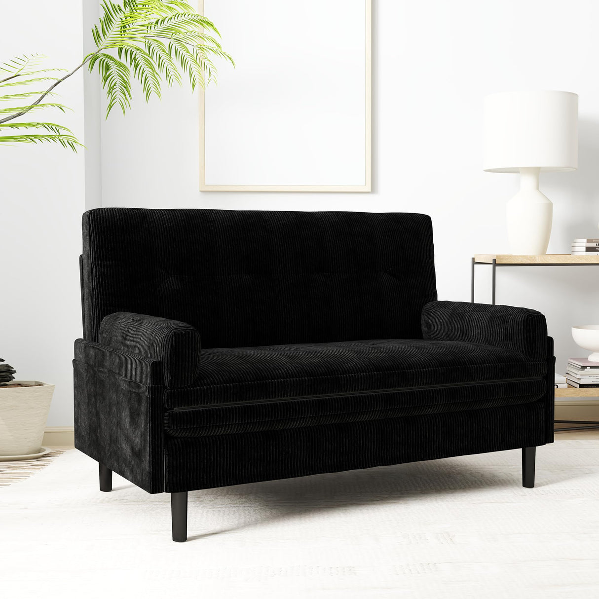 Majnesvon 55" Modern Corduroy Sofa Bed Futon,3-in-1 Convertible Pull Out Sleeper Couch Bed with Adjustable 3 Backrest,Folding Small Loveseat for Living Room Bedroom RV Office (Black) Majnesvon