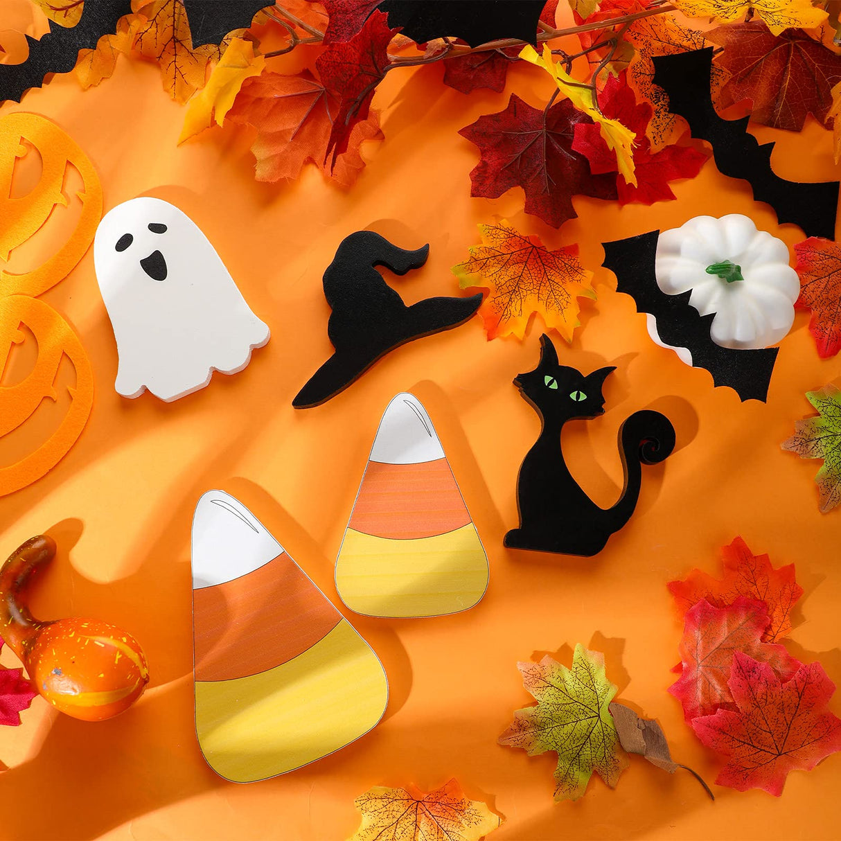 Yalikop 5 Pcs Halloween Table Centerpieces Ghost Black Cat Witch Hat Candy Corn Wooden Tiered Tray Sign Standing Tabletop Signs for Halloween Home Rustic Farmhouse Decor Yalikop