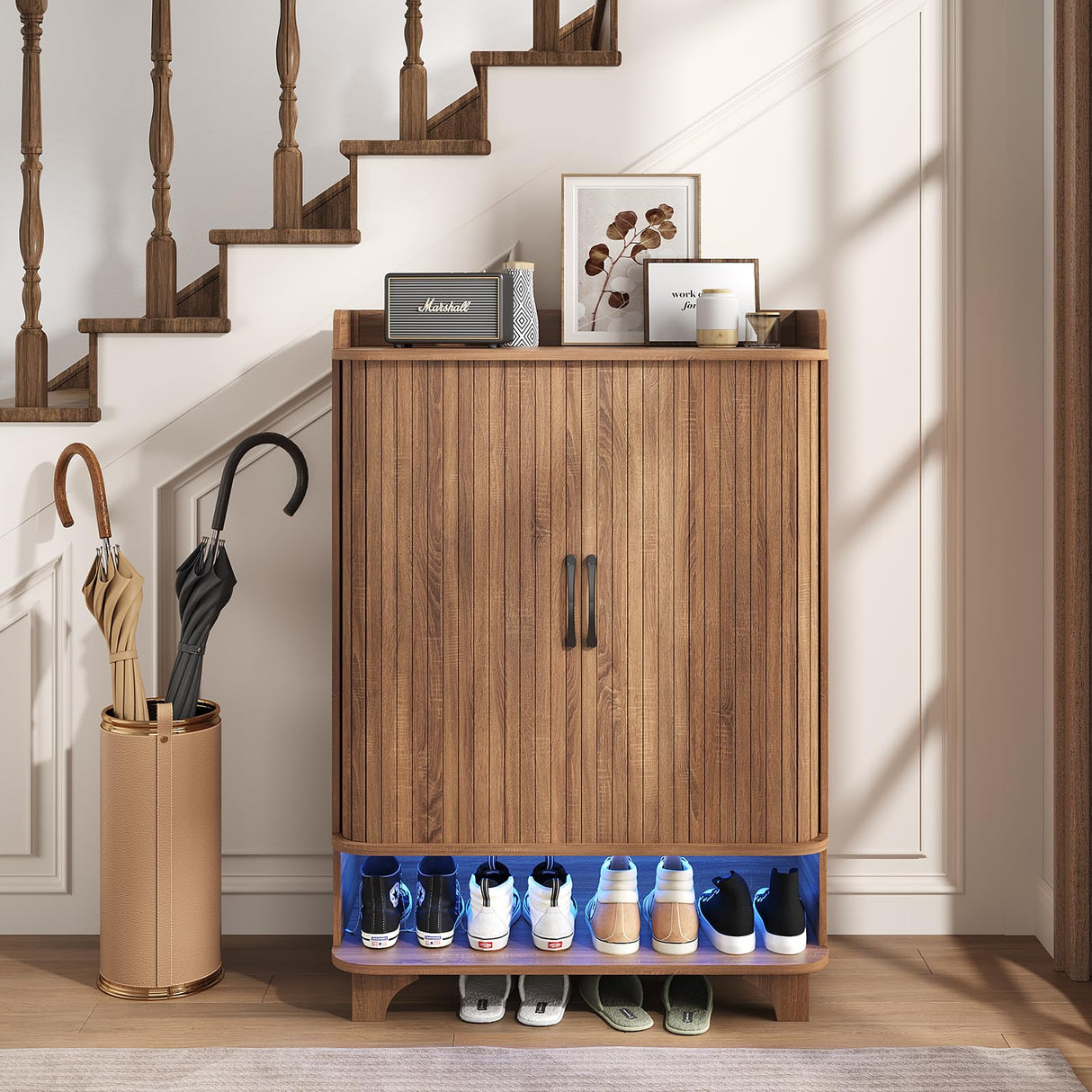 Maupvit 6-Tier Shoe Cabinet with Fluted Sliding Tambour Doors, Entryway Shoe Storage Cabinet with Led Light & Open Storage, 4 Adjustable Shelf, Shoes Rack Organizer for Entryway, Hallway, Living Room Maupvit