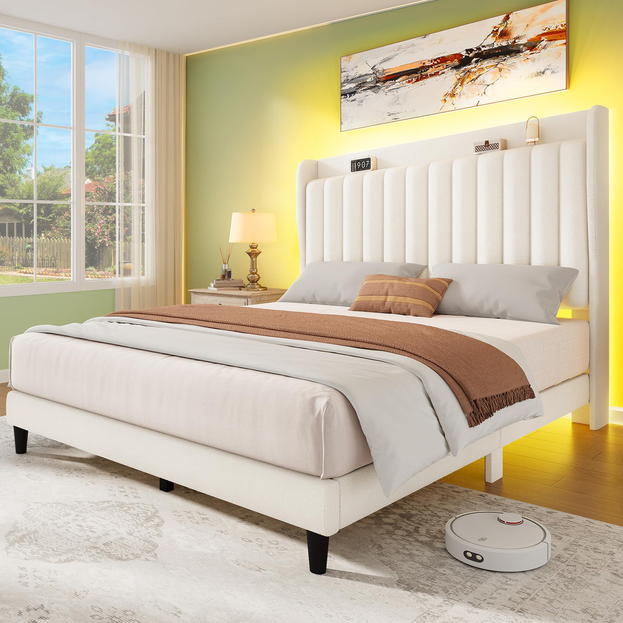 YITAHOME Queen Bed Frame with Adjustable Velvet Wingback Headboard 43.3"-47.4", Upholstered Platform Bed with LED Lights, Solid Wood Slat Support, No Box Spring Needed,Beige YITAHOME