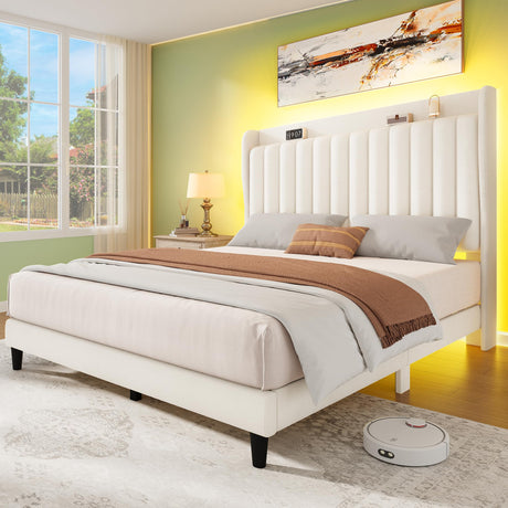 YITAHOME Queen Bed Frame with Adjustable Velvet Wingback Headboard 43.3"-47.4", Upholstered Platform Bed with LED Lights, Solid Wood Slat Support, No Box Spring Needed,Beige YITAHOME