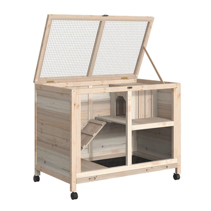 PawHut Indoor Rabbit Hutch with Wheels, Desk and Side Table Sized, Wood Rabbit Cage, Waterproof Small Rabbit Cage, Natural - WoodArtSupply