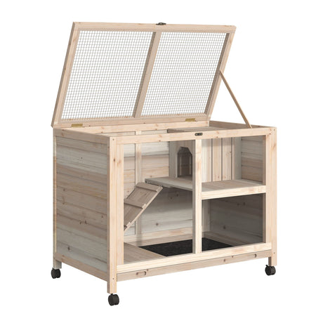 PawHut Indoor Rabbit Hutch with Wheels, Desk and Side Table Sized, Wood Rabbit Cage, Waterproof Small Rabbit Cage, Natural PawHut