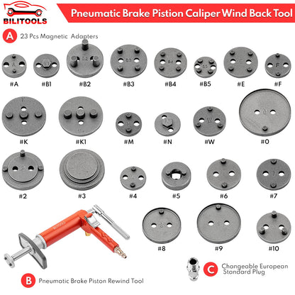 BILITOOLS Pneumatic Brake Caliper Compression Tool, 24-Piece Air Operated Disc Brake Piston Wind Back Rewind Tool Set - WoodArtSupply