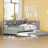 Merax Full Size Day Bed with Twin Trundle, Wooden DayBed with Storage Shelf and USB Charging Ports, Full Corner Bed Frame,Grey Merax